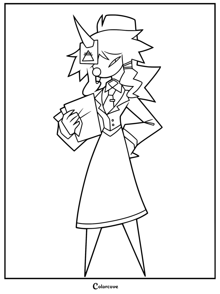 A black and white line art coloring page of Miss Grace from Fundamental Paper Education, standing in her school uniform holding a stack of papers.