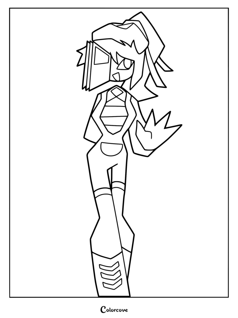 A clean line art coloring page of Miss Sasha from Fundamental Paper Education, featuring her distinct paper-style hair, striped shirt, and tall boots while waving.