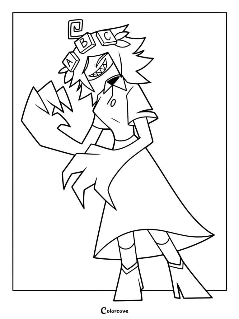 A printable coloring page featuring Miss Thavel from Fundamental Paper Education, showing her sharp teeth, ABC block headpiece, and menacing pose.
