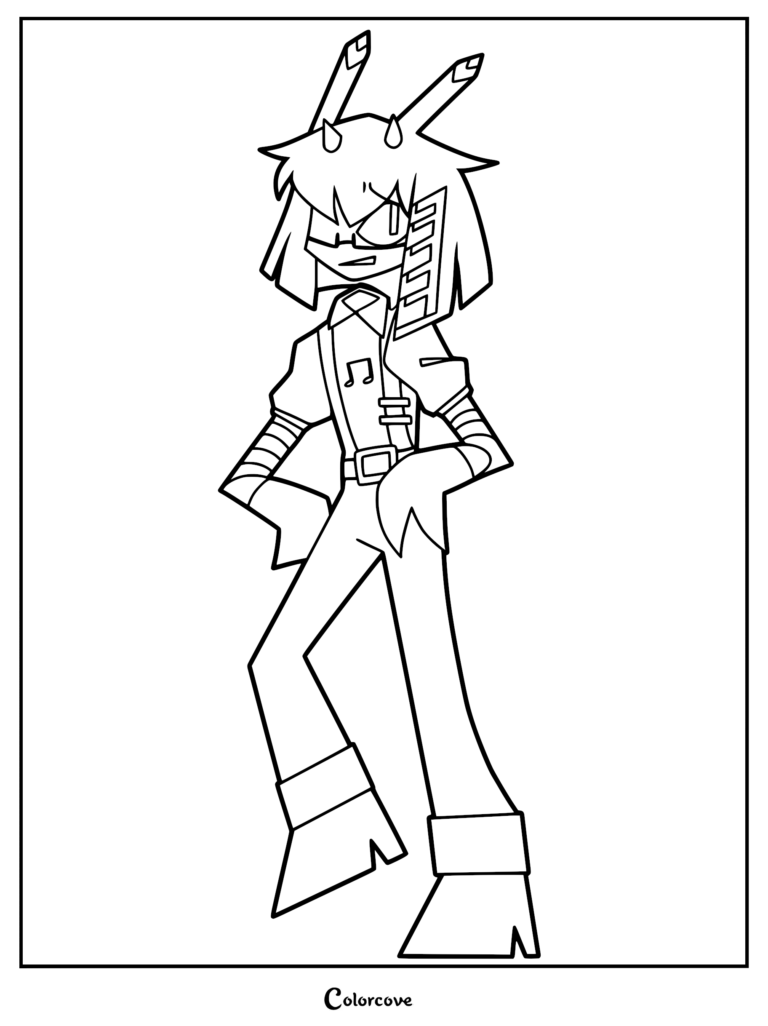 A printable coloring page featuring Mister Demi from Fundamental Paper Education standing with his hands on his hips, wearing his signature music note shirt and glasses.