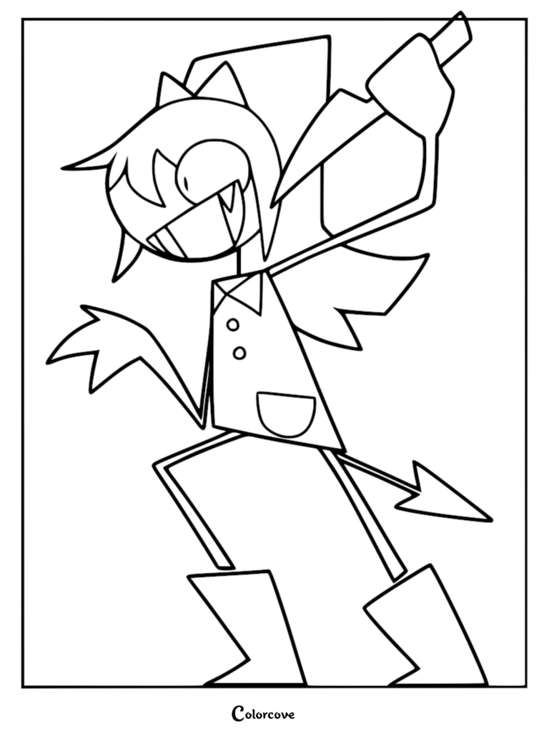 Riley from Fundamental Paper Education holding a knife in a dynamic pose, printable coloring page featuring the character's signature sharp teeth and devil tail.