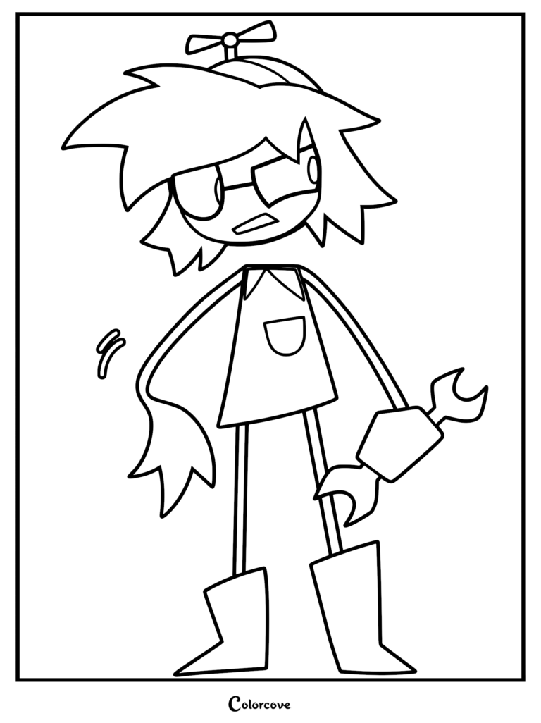 A printable coloring page of Robby from Fundamental Paper Education, featuring his signature propeller hat, goggles, and mechanical wrench hand.