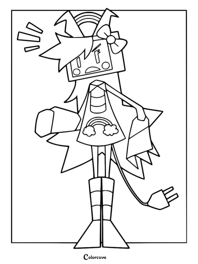 A printable coloring page featuring Ruby from Fundamental Paper Education, showing her box-shaped head, rainbow dress, and electrical plug tail.