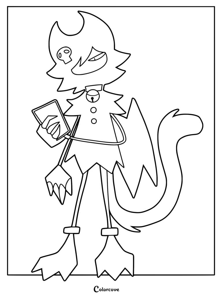A printable coloring page featuring Skell from Fundamental Paper Education, depicted with a skull accessory, a bell collar, and holding a rectangular device.