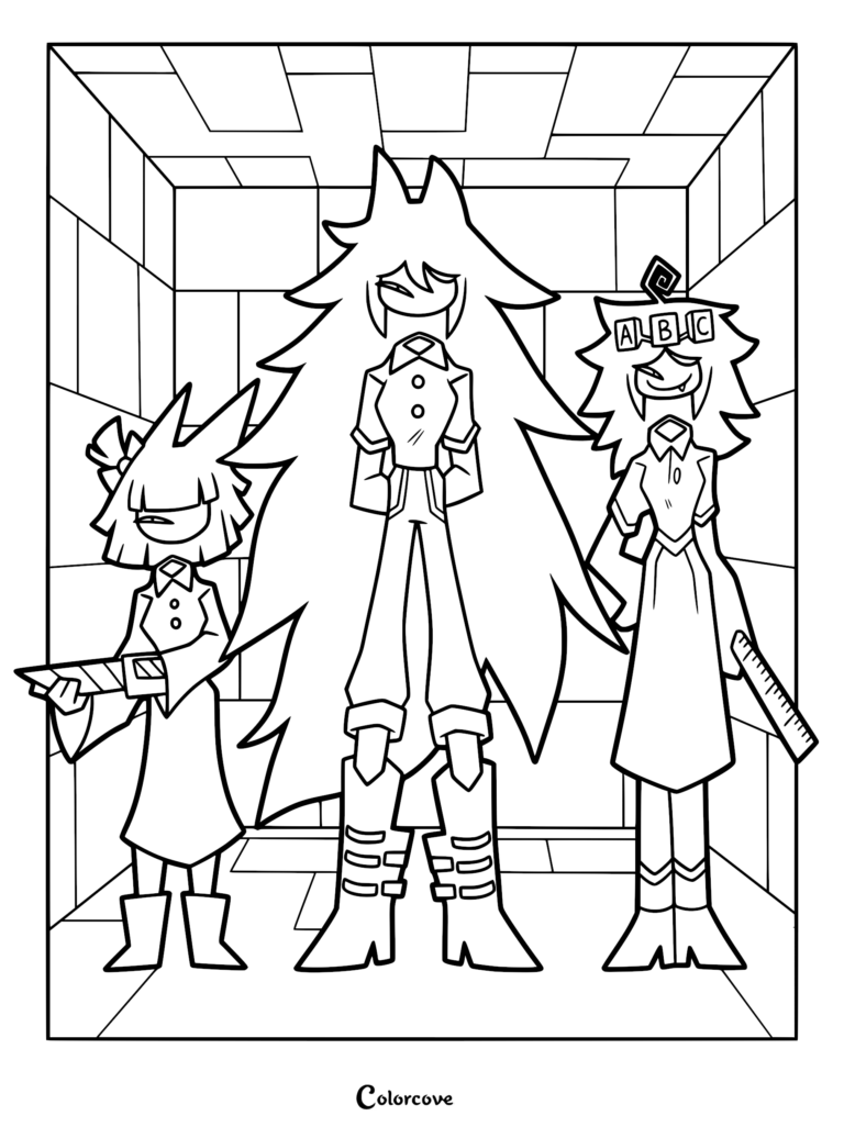 A printable coloring page featuring Miss Bloomie, Miss Thavel, and Miss Circle from Fundamental Paper Education standing together in a school hallway.