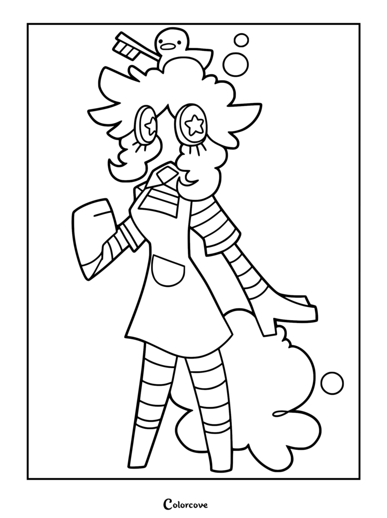 Bubble from Fundamental Paper Education wearing a striped outfit and apron with a rubber duck on her head in this printable coloring page.