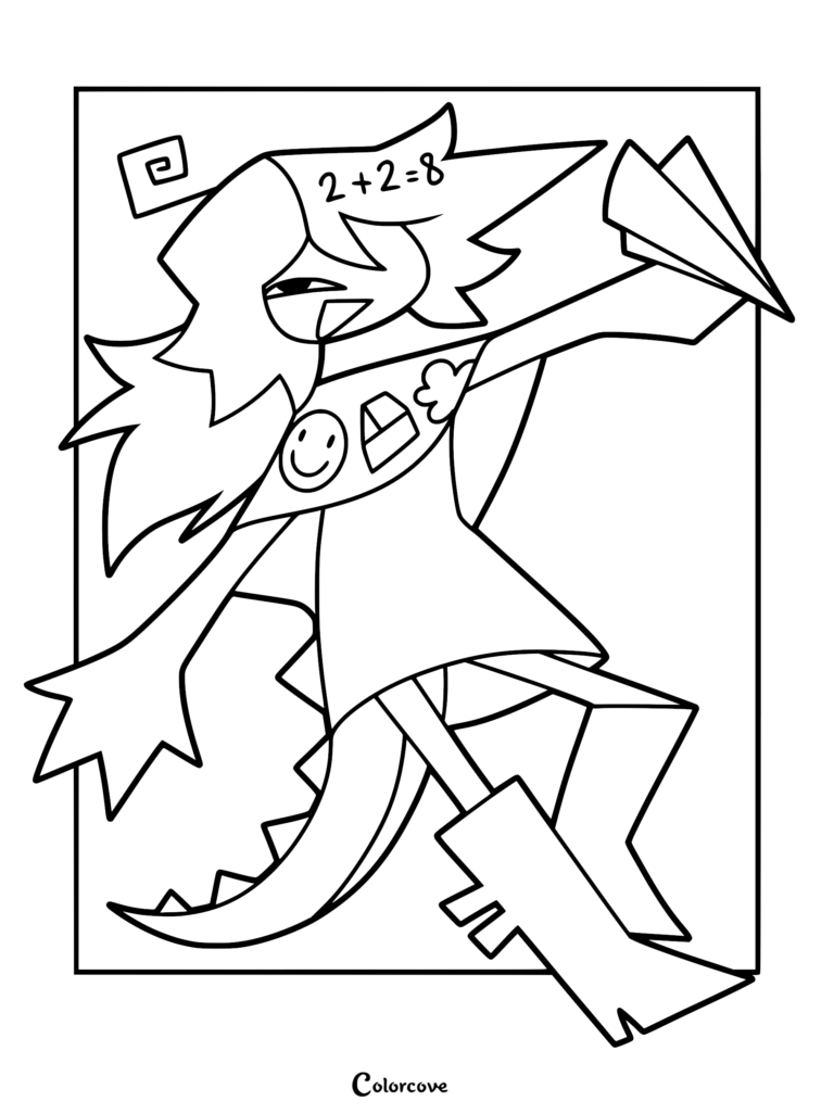 Zip from Fundamental Paper Education holding a paper airplane in a printable coloring page.