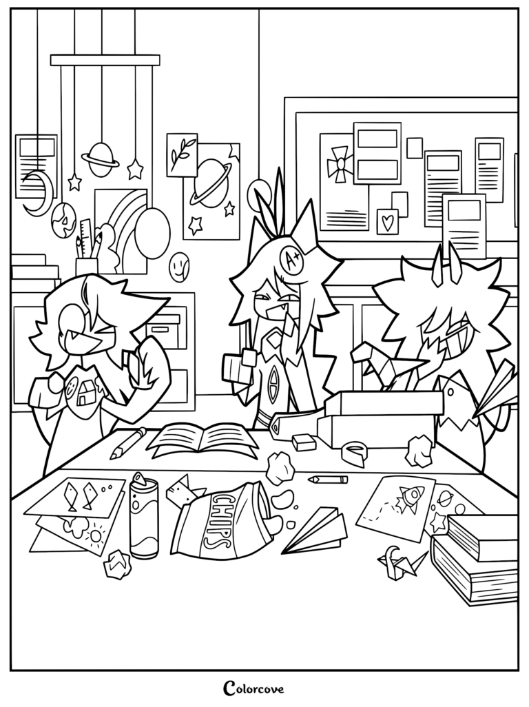 A printable coloring page featuring Oliver, Zip, and Edward from Fundamental Paper Education sitting at a messy school desk with snacks and paper crafts.
