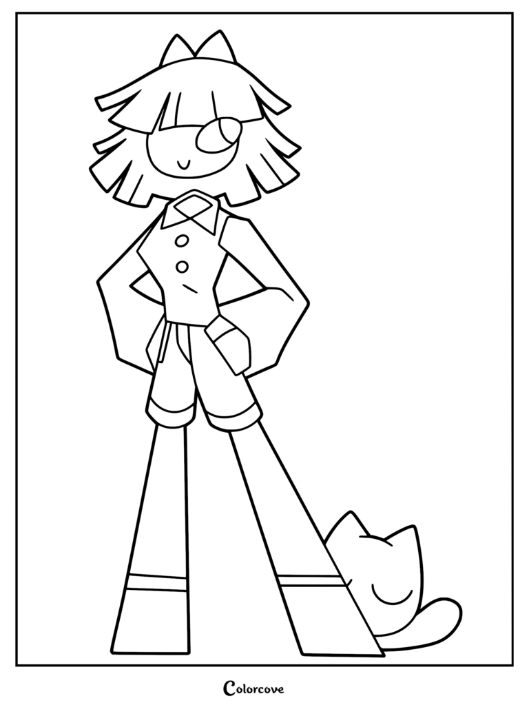 A clean line art coloring page of Claire from Fundamental Paper Education, standing with hands on hips, featuring her signature bob haircut and school uniform, with a small cat-like creature sitting by her feet.