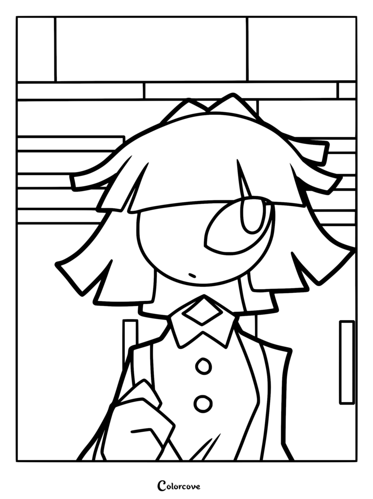 Claire from Fundamental Paper Education standing in front of school lockers, line art coloring page.
