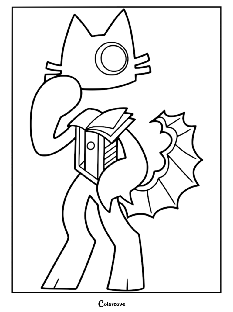 A printable coloring page featuring Cubbie, the cat-like character from Fundamental Paper Education, holding an open book.