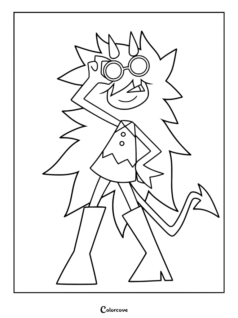 Edward from Fundamental Paper Education wearing goggles and standing in a confident pose, printable coloring page.