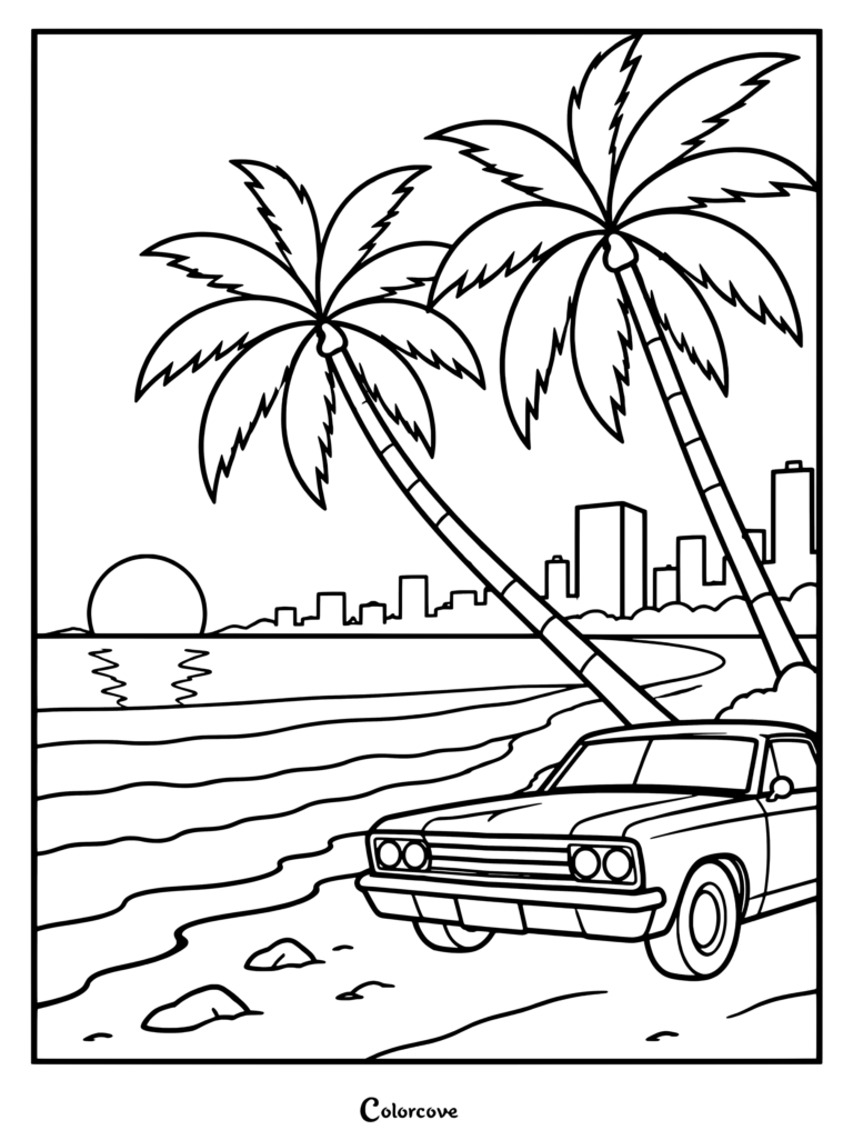 Un coche clásico aparcado en la playa de arena de Vice City al atardecer con palmeras en este dibujo para colorear de GTA VI.