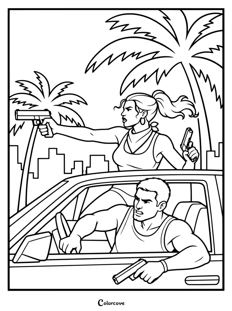 Dibujo para colorear gratis de GTA VI con Jason y Lucia disparando desde un coche durante una persecución a alta velocidad en Vice City.