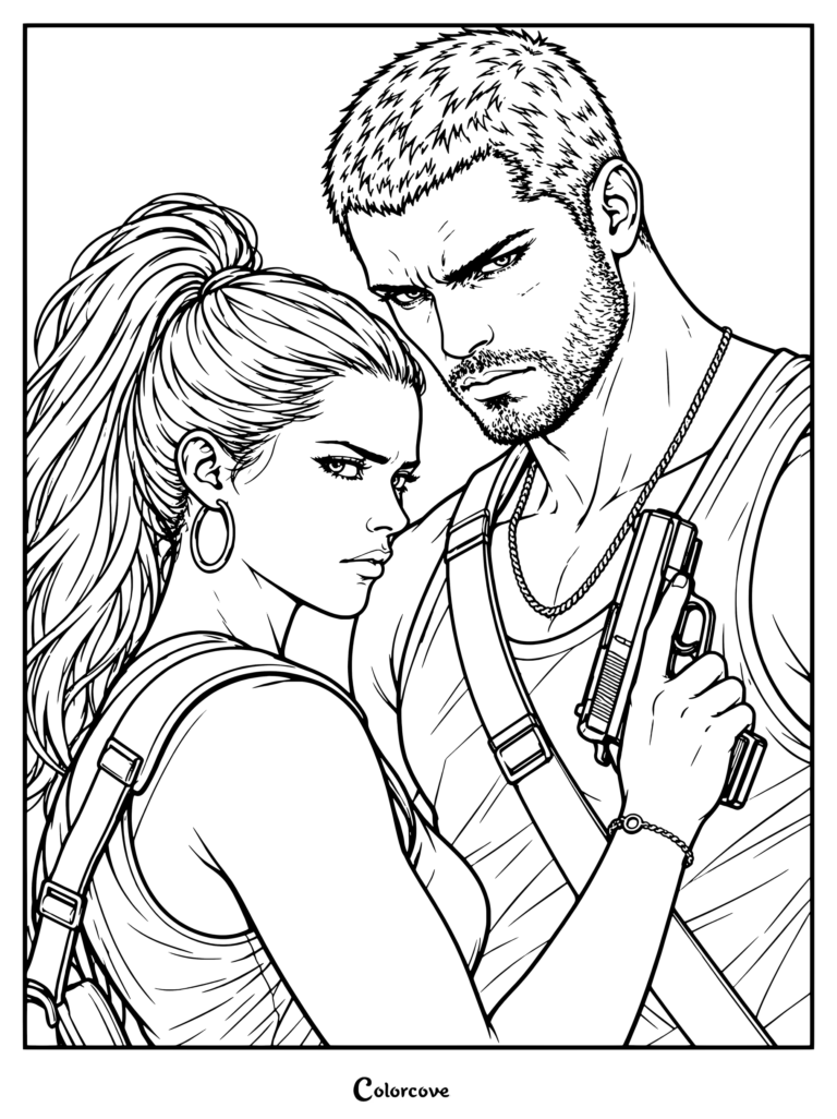 Dibujo para colorear de Jason y Lucia de GTA VI con la pareja criminal posando junta.