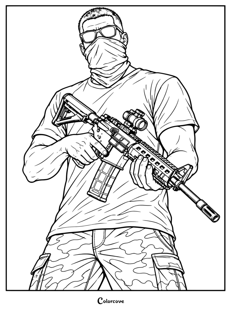 Dibujo para colorear e imprimible de GTA VI con Jason usando gafas de sol y una bandana en la cara mientras sostiene un fusil de asalto.