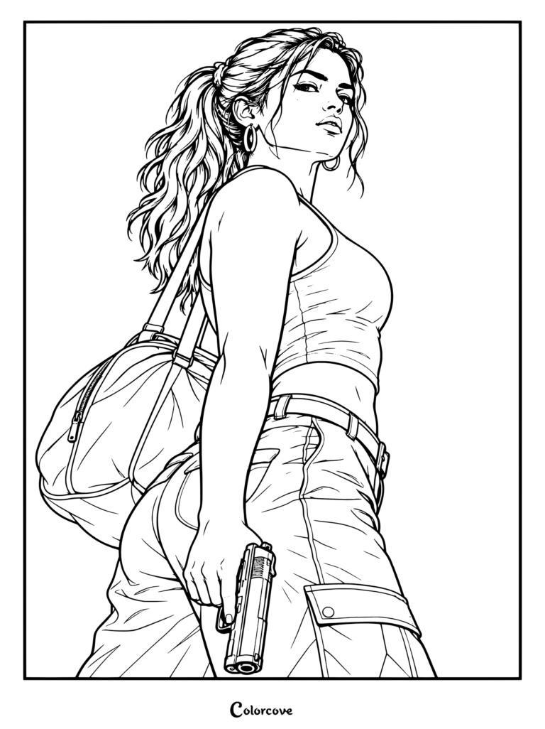 Lucia sosteniendo un arma y una bolsa de deporte en este dibujo para colorear e imprimible para fans de GTA VI.