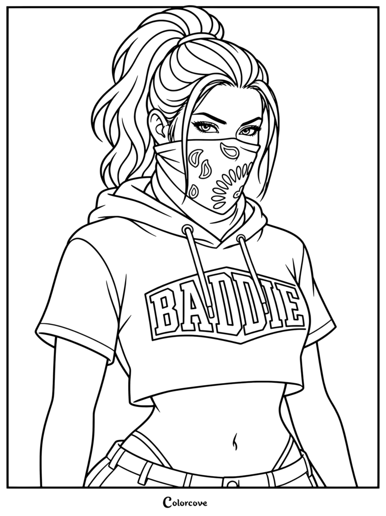 Lucia con una bandana de cachemira y un top corto en este detallado dibujo para colorear de GTA VI.