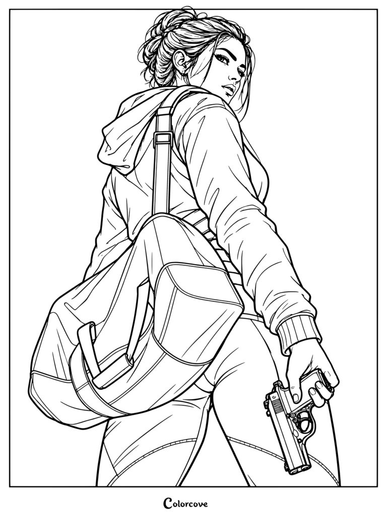 Un detallado dibujo para colorear de Lucia de GTA VI sosteniendo una pistola y llevando un bolso al hombro mientras mira hacia atrás.