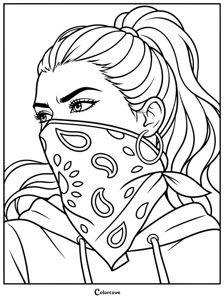 Un detallado dibujo para colorear de GTA VI con Lucia llevando una bandana estampada en la cara y pendientes de aro.