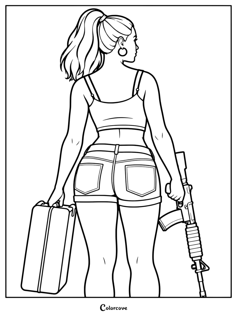 Dibujo para colorear de Lucia de GTA VI sosteniendo un fusil de asalto y una maleta.
