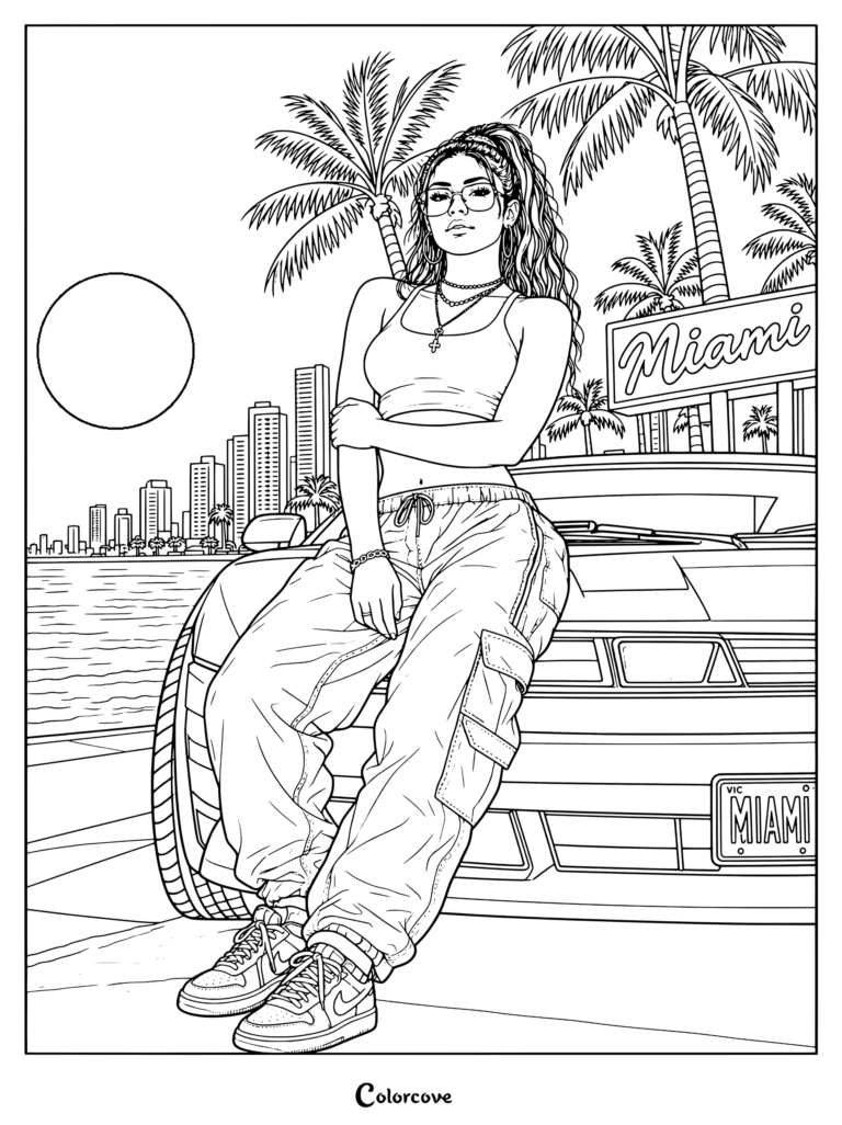 Dibujo para colorear gratis e imprimible de GTA VI con Lucia apoyada en un deportivo de lujo cerca de una playa con palmeras y el skyline de Vice City de fondo.