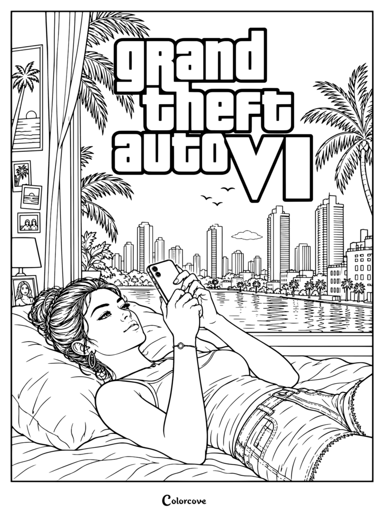 Dibujo para colorear e imprimible de GTA VI con Lucia relajándose en una cama mirando su smartphone con vistas al skyline de Vice City.