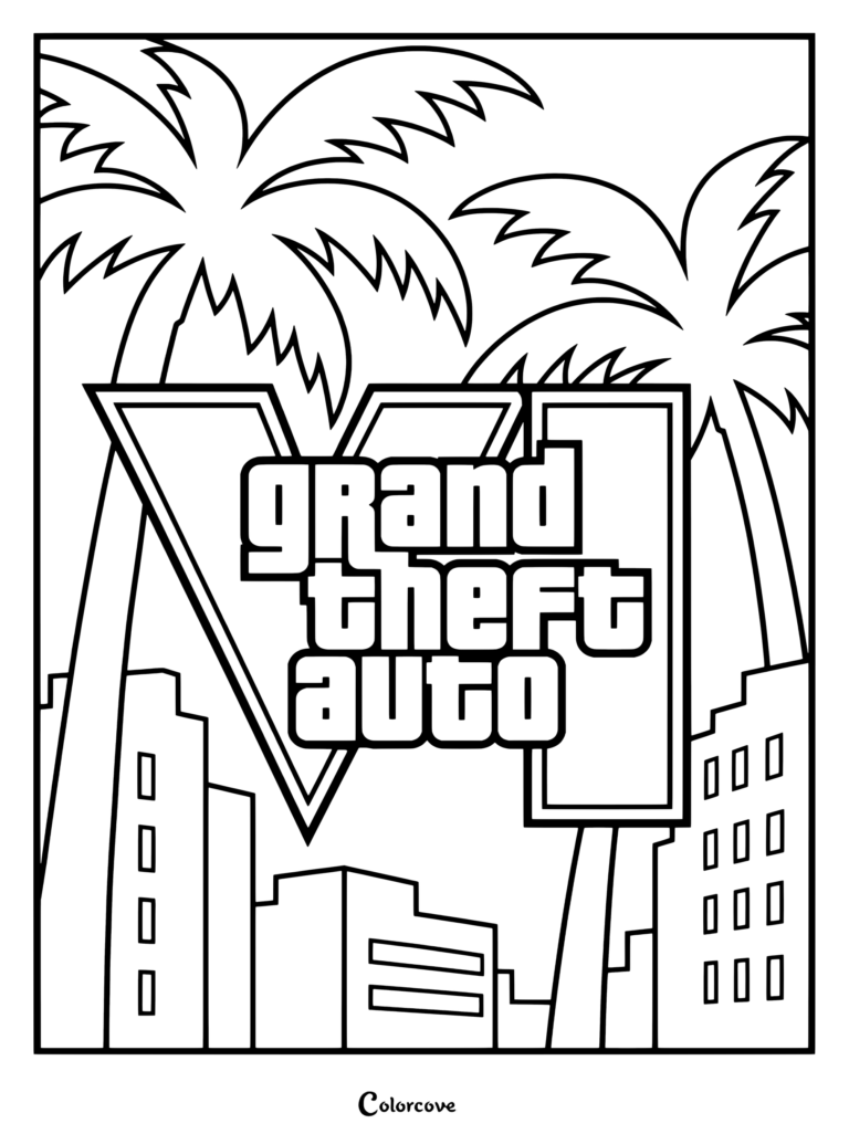 Dibujo para colorear de GTA VI con el emblemático logotipo del juego, palmeras y el skyline de Vice City.
