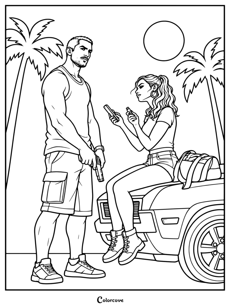 Dibujo para colorear e imprimible de GTA VI con los protagonistas Jason Duval y Lucia Caminos de pie junto a un coche en Vice City.