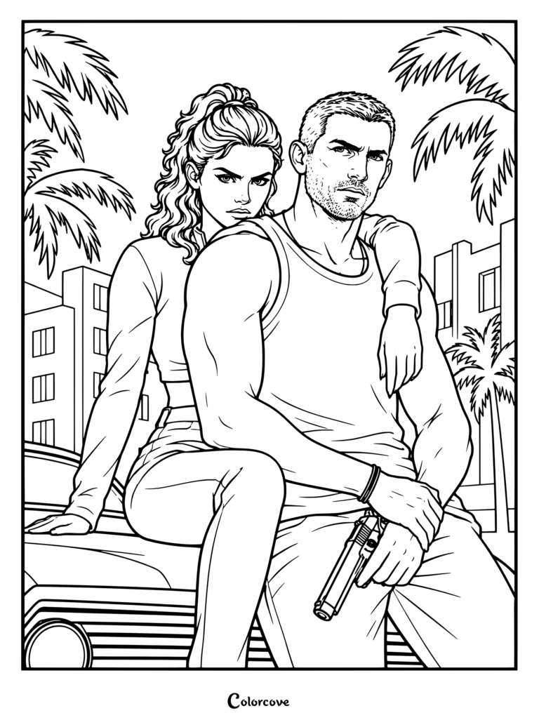 Dibujo para colorear e imprimible de Jason y Lucia, los protagonistas principales de GTA VI, sentados sobre el capó de un coche en Vice City.