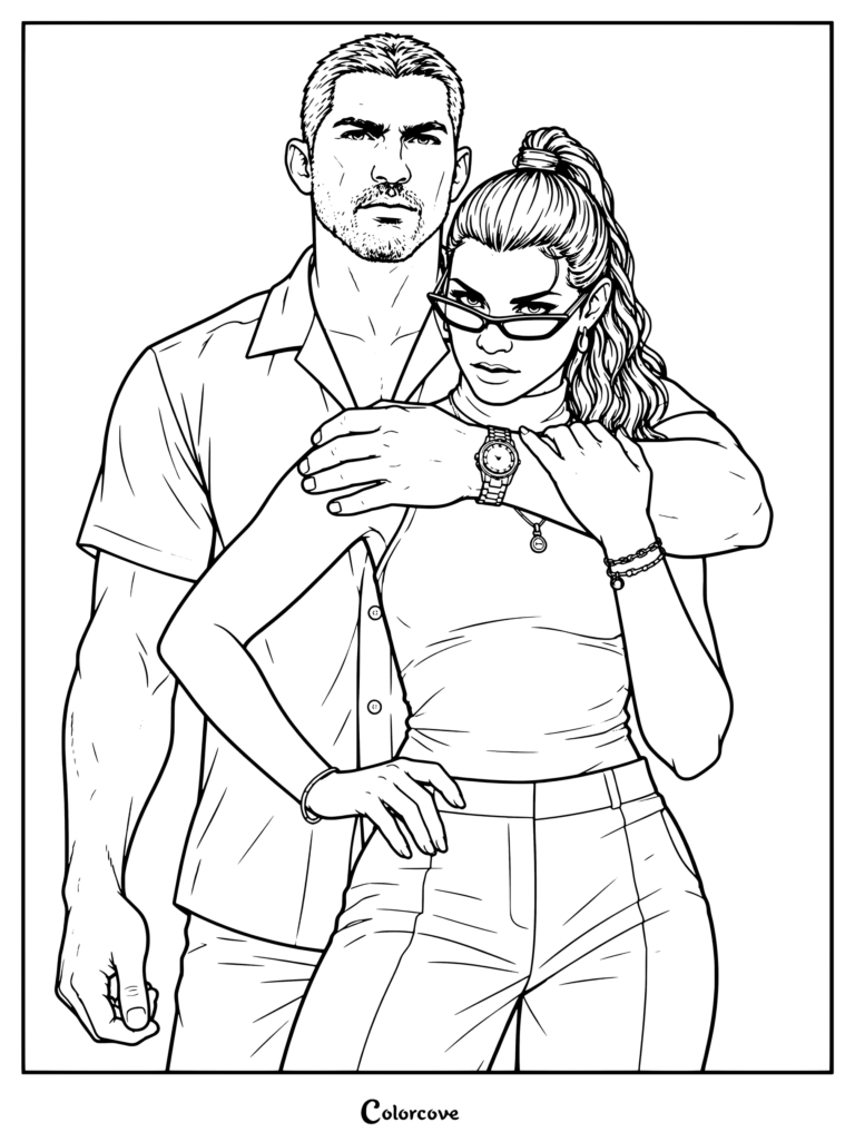 Dibujo para colorear gratis e imprimible de Jason y Lucia de GTA VI posando juntos.
