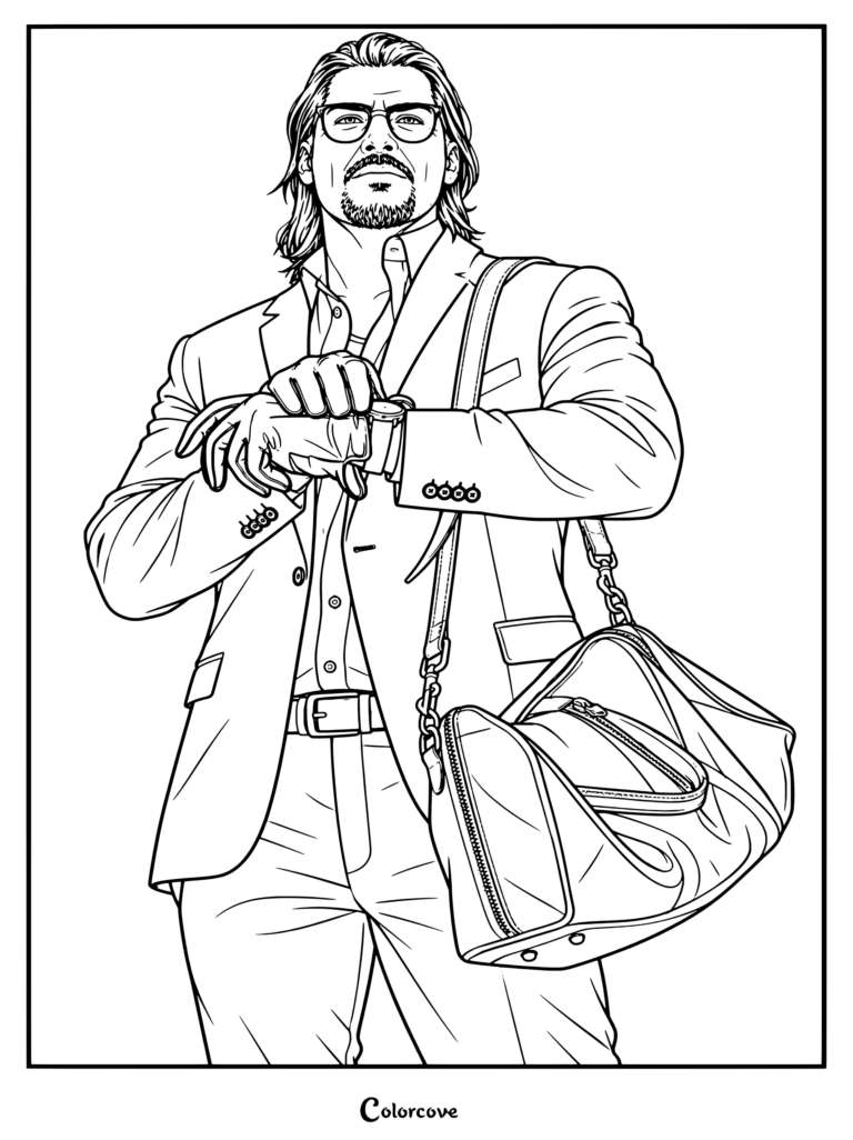 Un detallado dibujo para colorear de Raul Bautista, un veterano ladrón de bancos de GTA VI de Rockstar Games, mirando su reloj con un elegante traje.