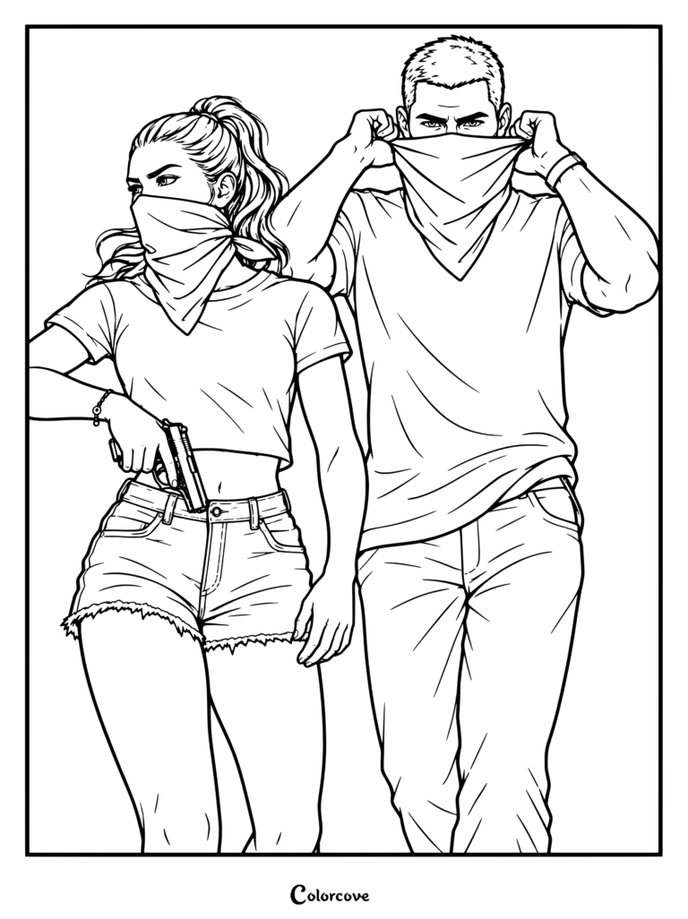 Dibujo para colorear imprimible de GTA VI con el arte promocional oficial de los personajes Lucia Caminos y Jason Duval llevando bandanas.