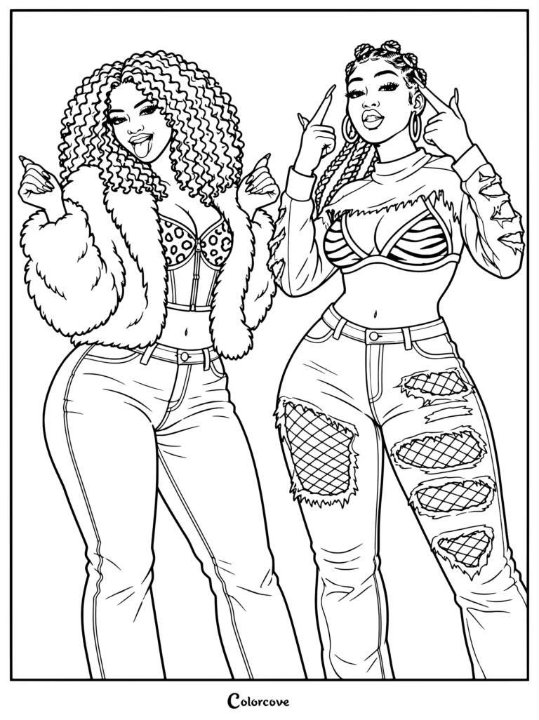 Un dibujo para colorear e imprimible con los personajes Bae Luxe y Roxy, también conocidas como Real Dimz, de GTA VI de Rockstar Games en Vice City.
