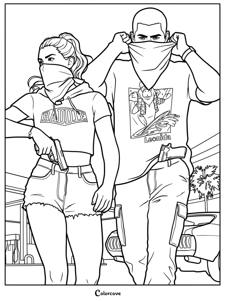 Dibujo para colorear imprimible gratuito de GTA VI que muestra a los dos protagonistas, Lucia y Jason, alejándose de una gasolinera mientras se suben las bandanas sobre el rostro.
