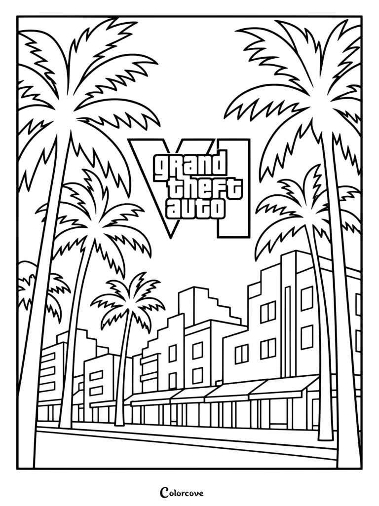 Detallado dibujo para colorear de GTA VI con el emblemático skyline de Vice City enmarcado por altas palmeras y el logotipo con el número romano VI.
