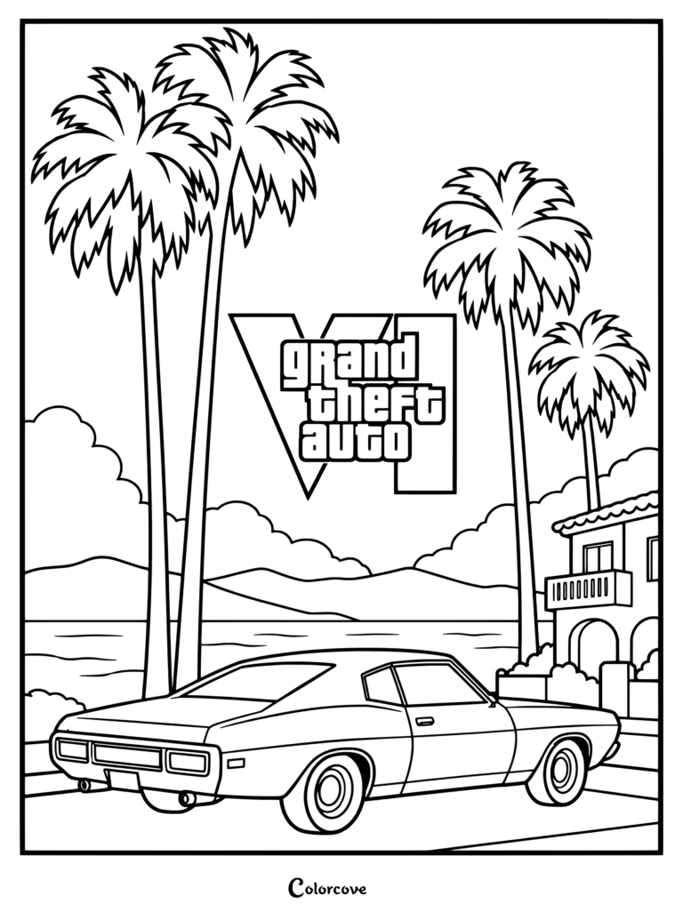 Dibujo para colorear de GTA VI con un clásico muscle car aparcado bajo palmeras junto a una mansión costera y el logotipo.