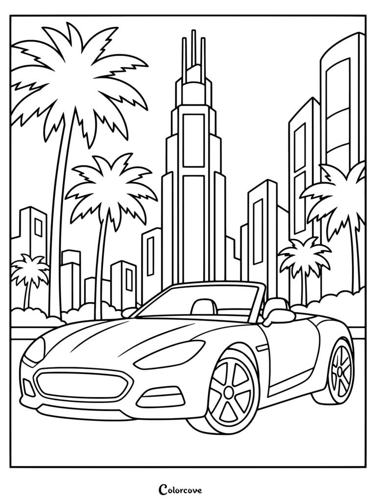 Dibujo para colorear de GTA VI con un elegante deportivo descapotable aparcado frente a imponentes rascacielos de Vice City y palmeras bajo un cielo despejado.