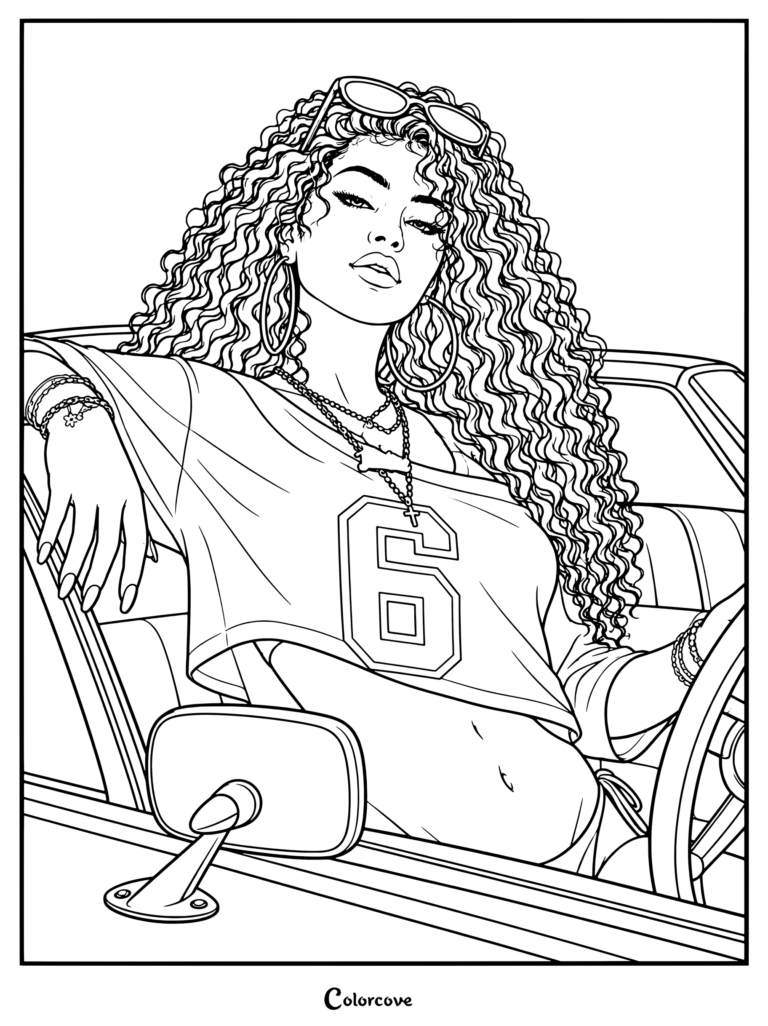 Dibujo para colorear de la chica de portada de GTA VI en un coche, con una mujer de pelo rizado, pendientes de aro y gafas de sol asomándose por la ventanilla.