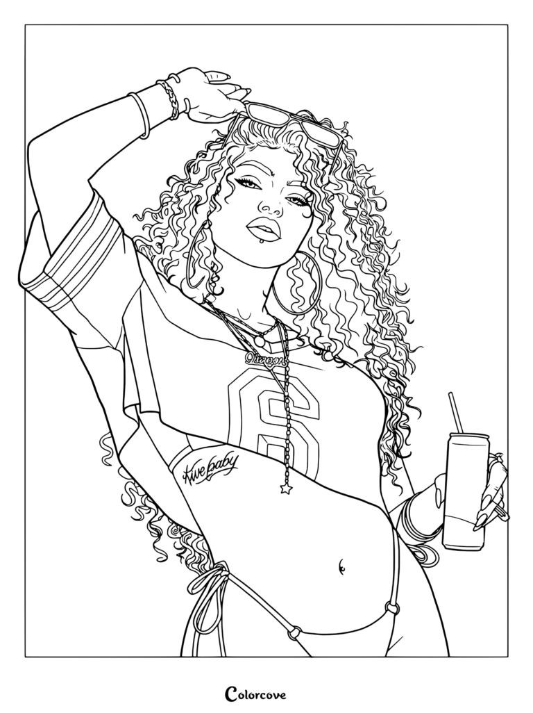 Dibujo para colorear e imprimible de la chica de portada de GTA VI posando con una bebida, gafas de sol en la cabeza y largo pelo rizado.