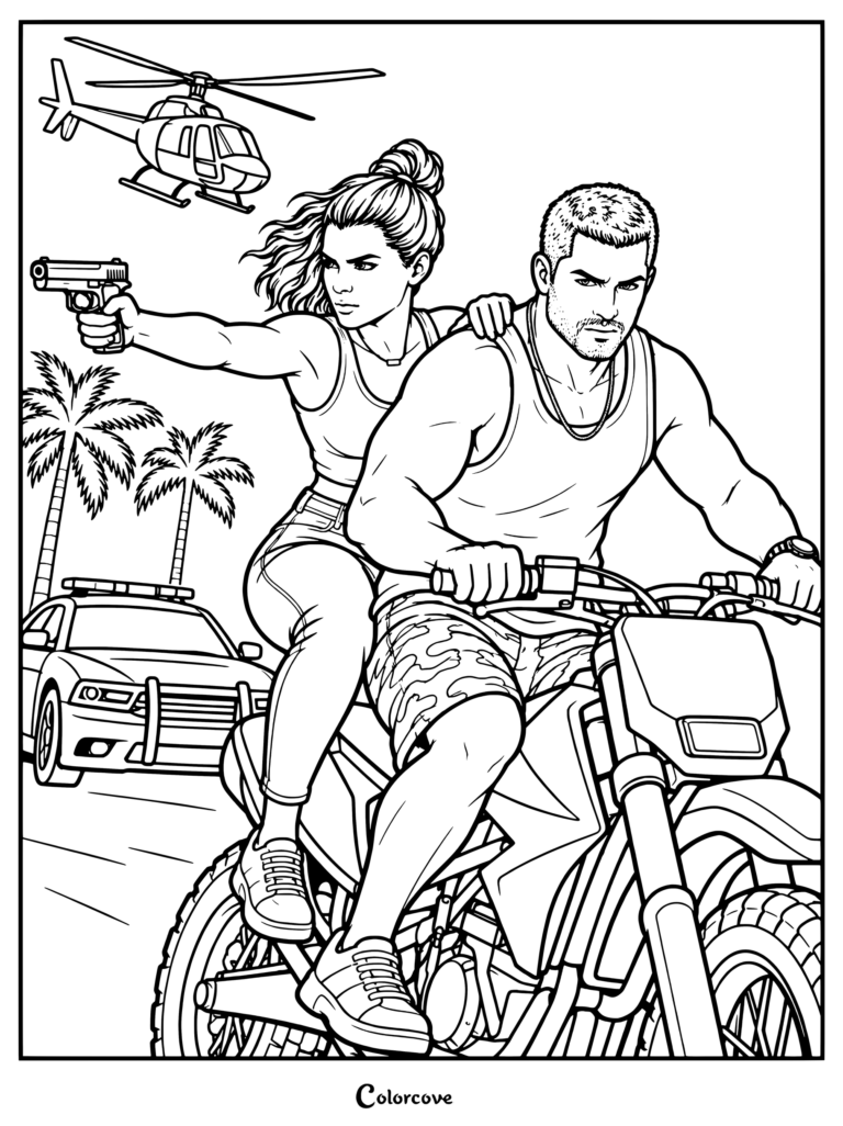 Dibujo para colorear de GTA VI con Jason y Lucia en una moto perseguidos por la policía.