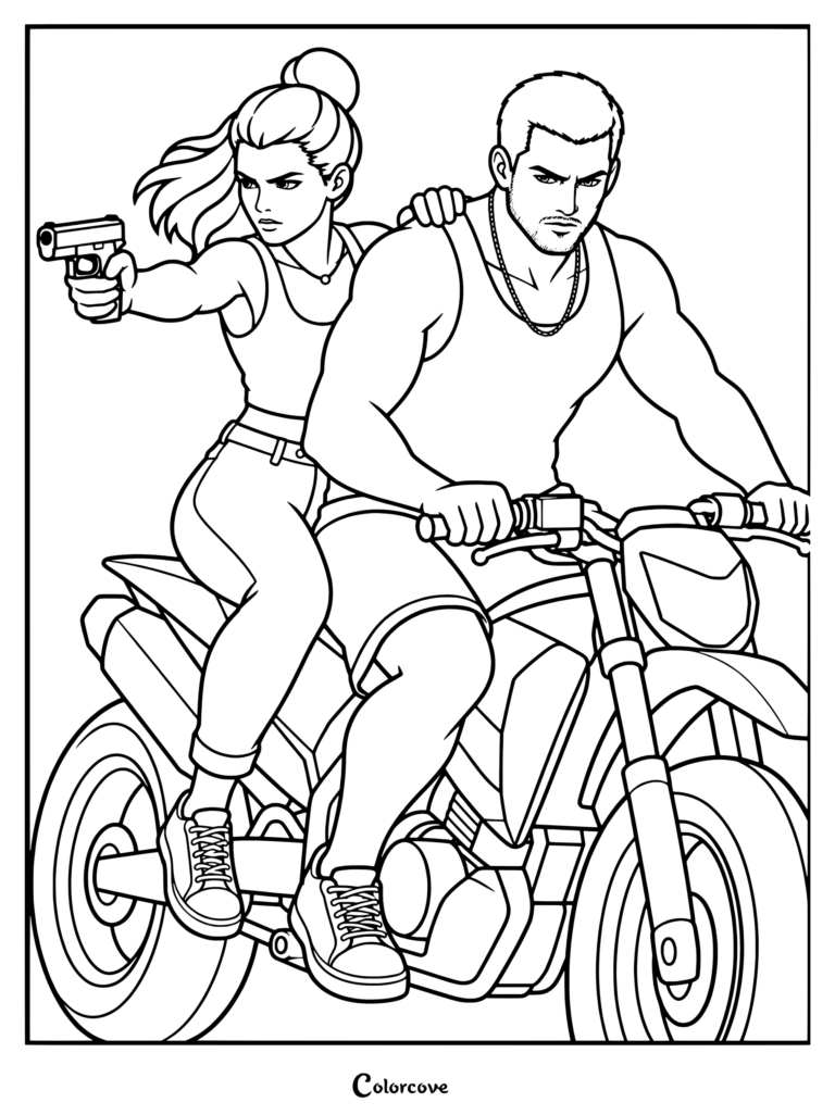 Dibujo para colorear e imprimible de GTA VI con Jason y Lucia en una moto, con Lucia apuntando con un arma.