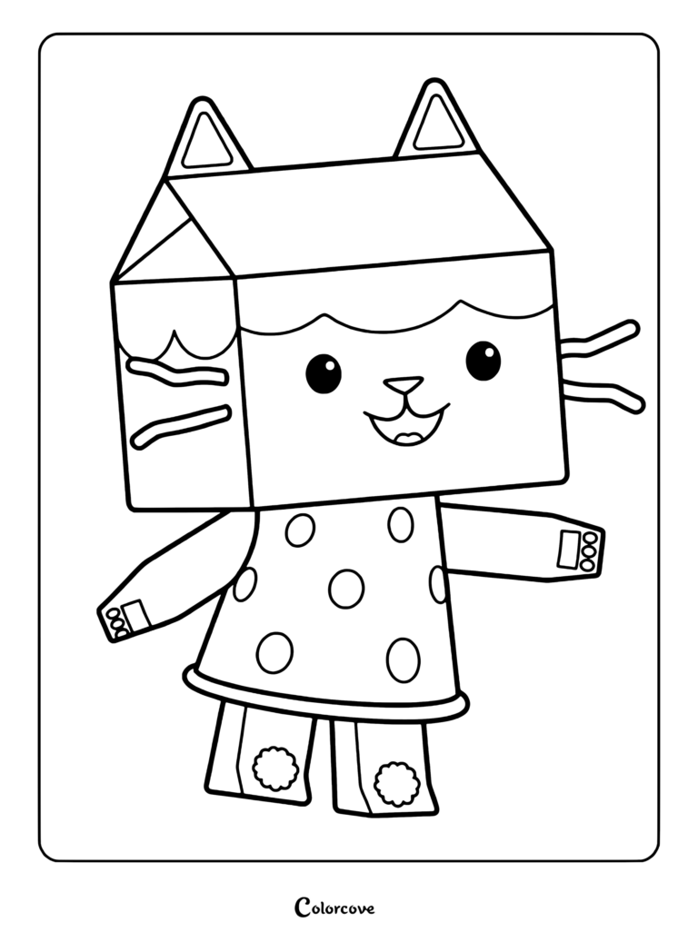 Baby Box from Gabby's Dollhouse standing in a dotted dress coloring page