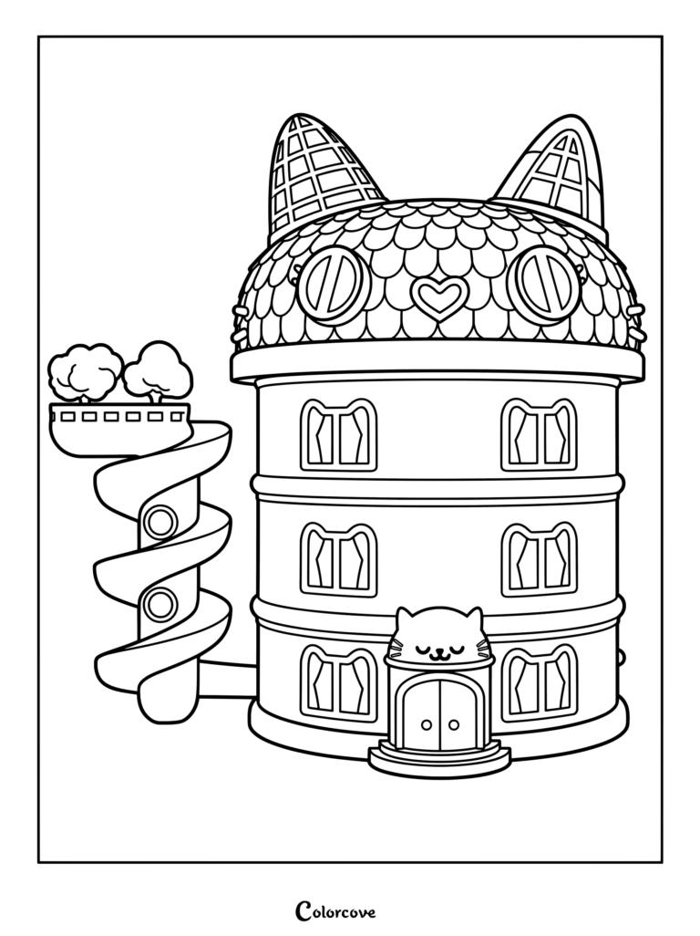 Gabby's Dollhouse coloring page featuring the iconic cat-eared magical playset with its spiral slide
