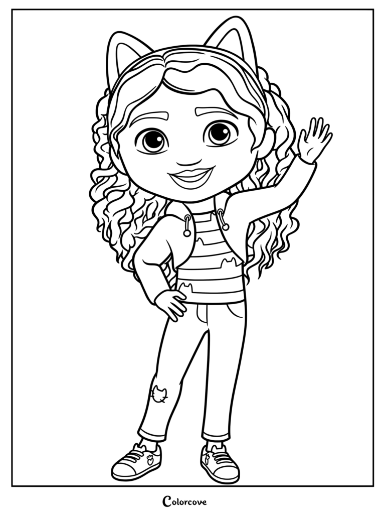 Gabby from Gabby's Dollhouse wearing cat ears and waving in this printable coloring page