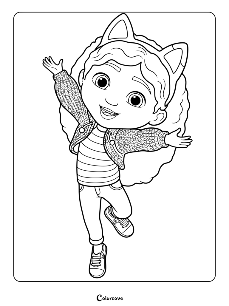 Printable coloring page of Gabby jumping happily with cat ears headband