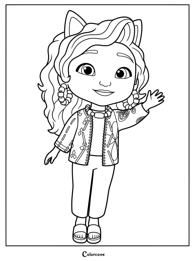 Grandma Gigi from Gabby's Dollhouse waving in a detailed line art coloring page