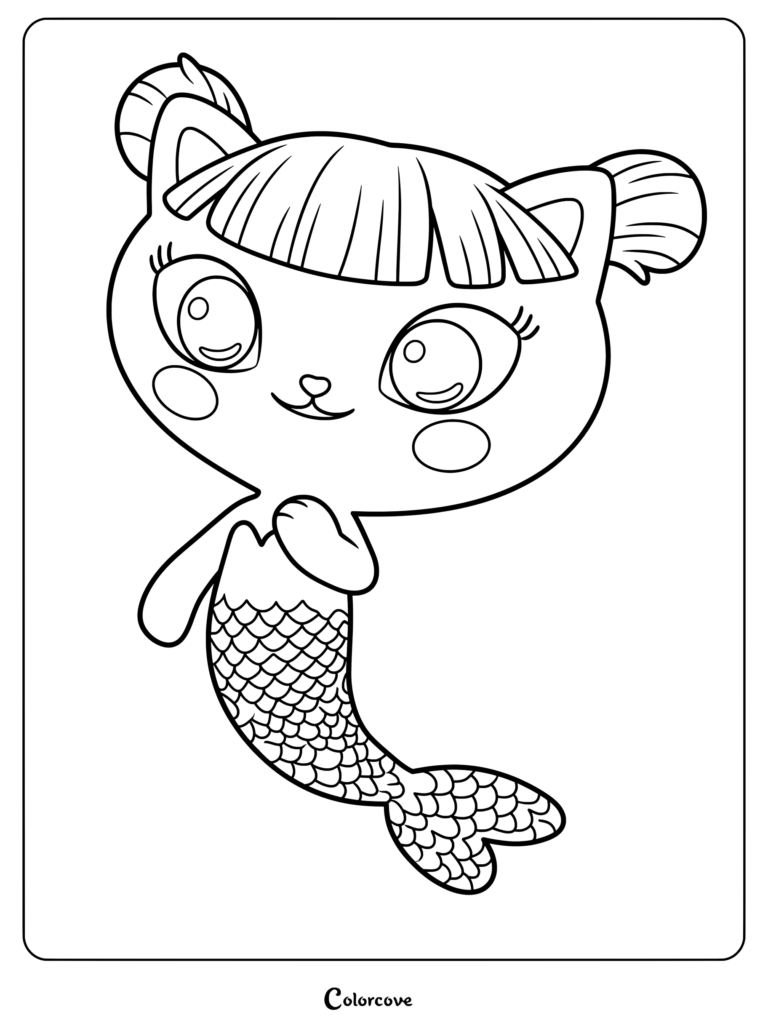 Hsiu Hsiu from Gabby's Dollhouse coloring page featuring a cat mermaid character with bangs and a scaly tail.