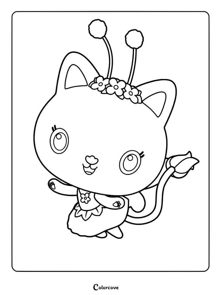 Kitty Fairy from Gabby's Dollhouse wearing a flower crown and petal dress in a printable coloring page