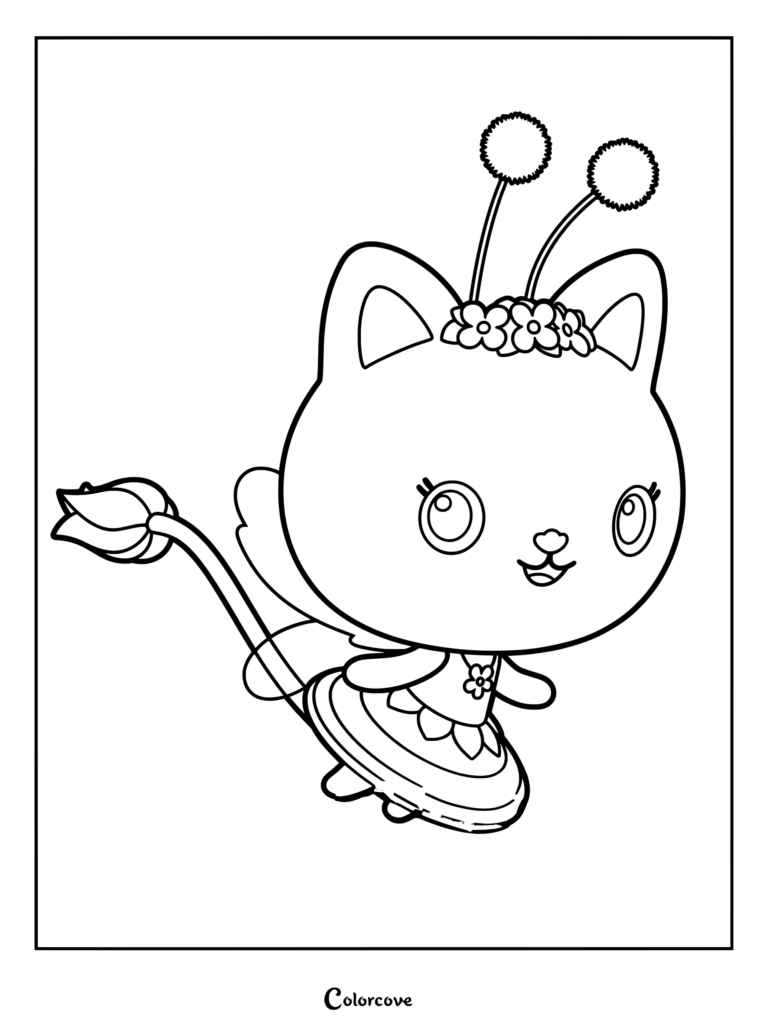 Kitty Fairy flying with wings and flower crown coloring page